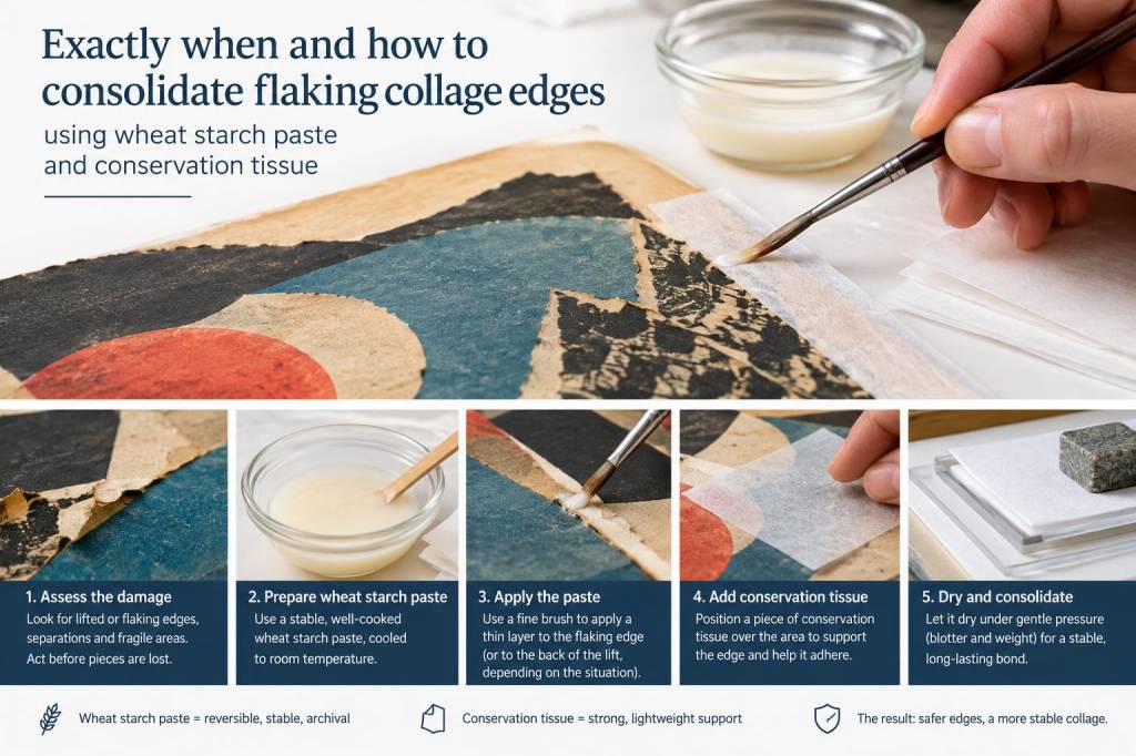 Exactly when and how to consolidate flaking collage edges using wheat starch paste and conservation tissue