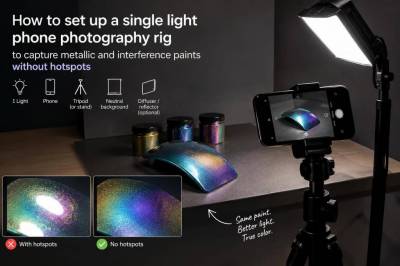 How to set up a single-light phone photography rig to capture metallic and interference paints without hotspots