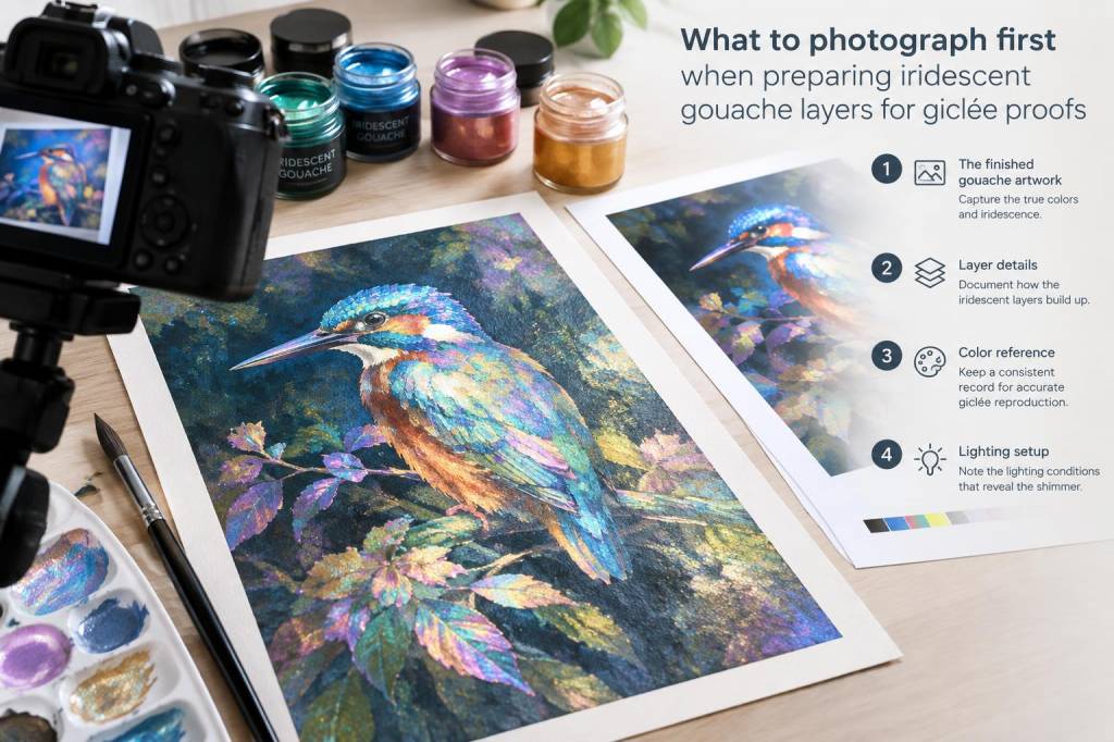 What to photograph first when preparing iridescent gouache layers for giclée proofs