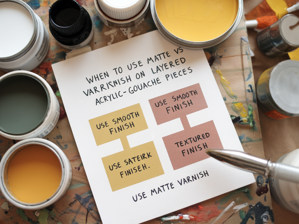 When to use matte vs satin varnish on layered acrylic–gouache pieces: a decision flowchart for colour and texture